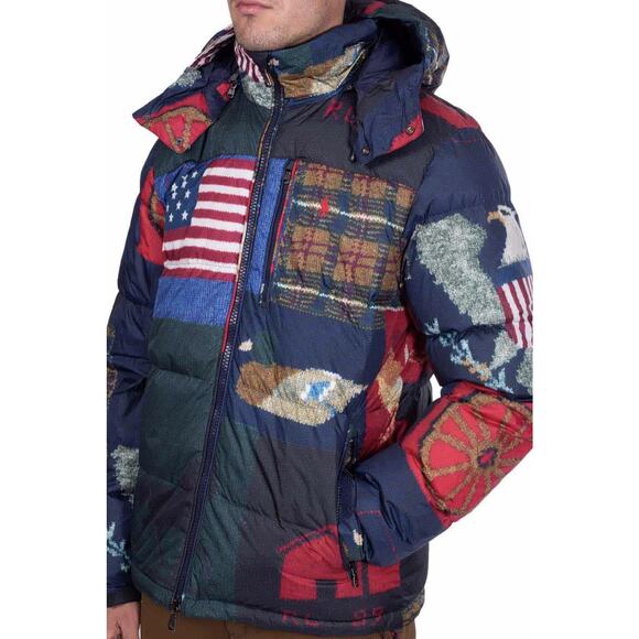SMALL Ralph Lauren Polo Country Jacket Mens Multi Hooded Puffer Patchwork Flag - Picture 3 of 8